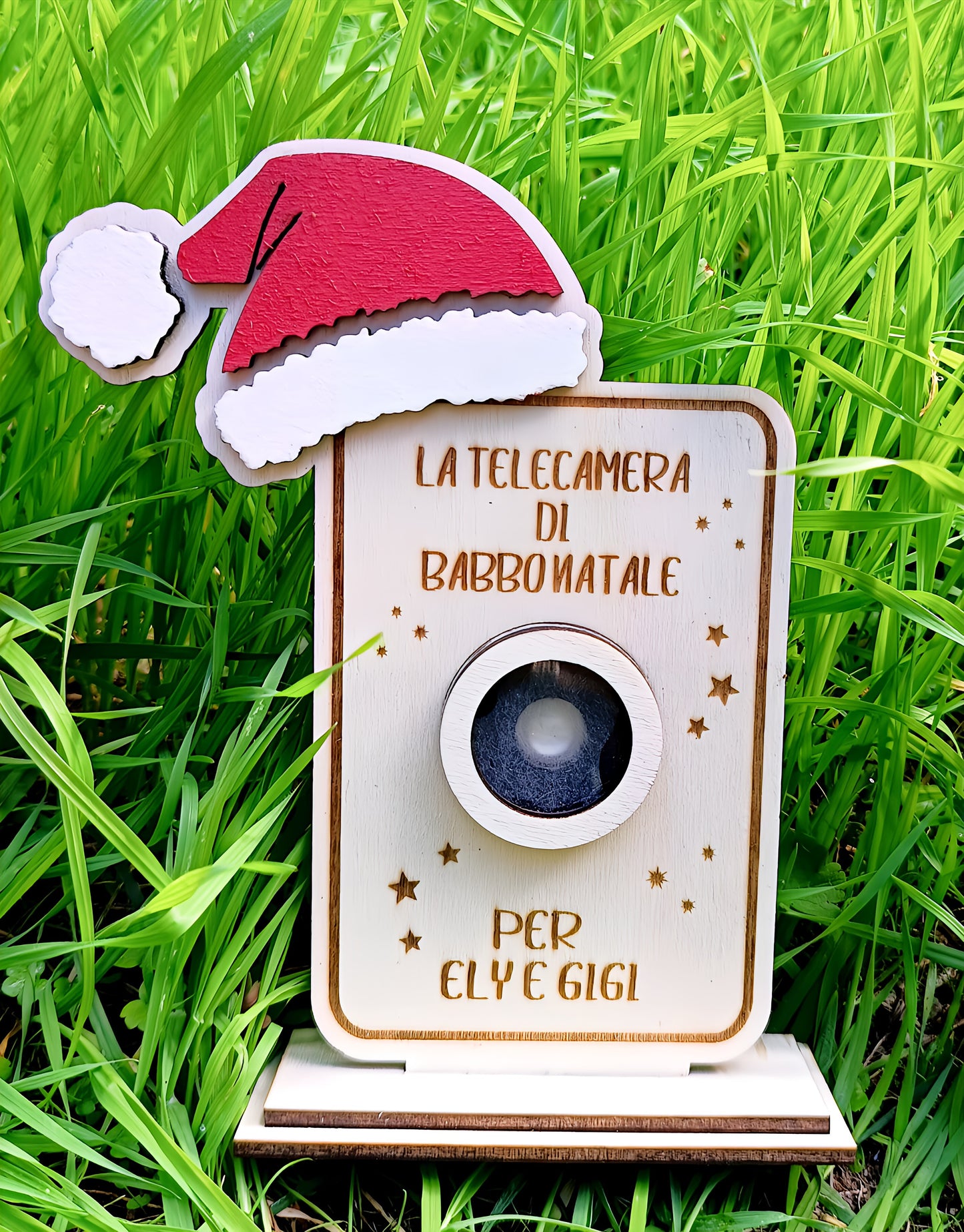Santa camera decoration with red hat, personalized text, on green grass background