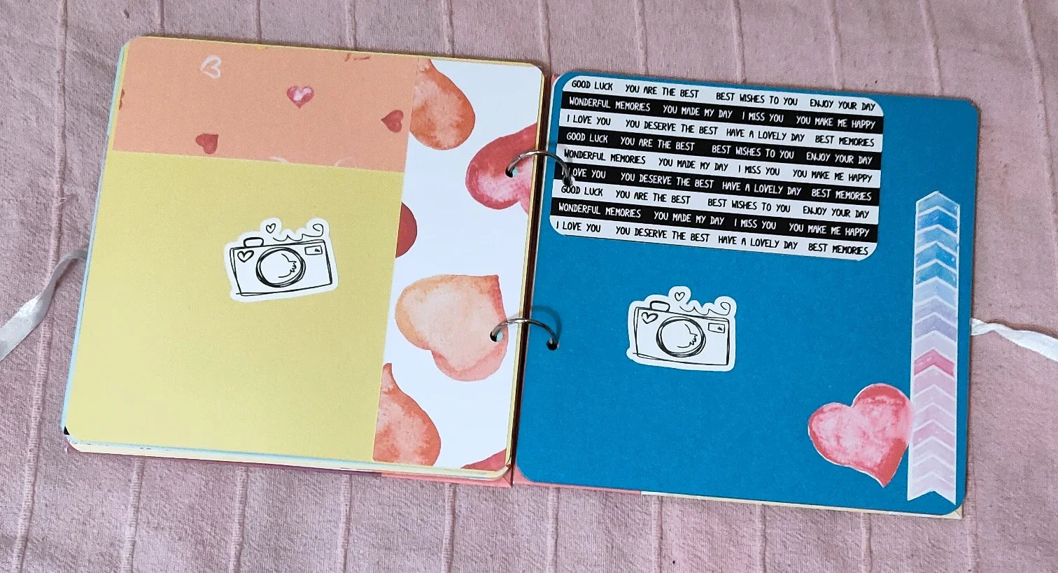 Handmade scrapbook with pastel pages, heart patterns, camera stickers, and positive messages.