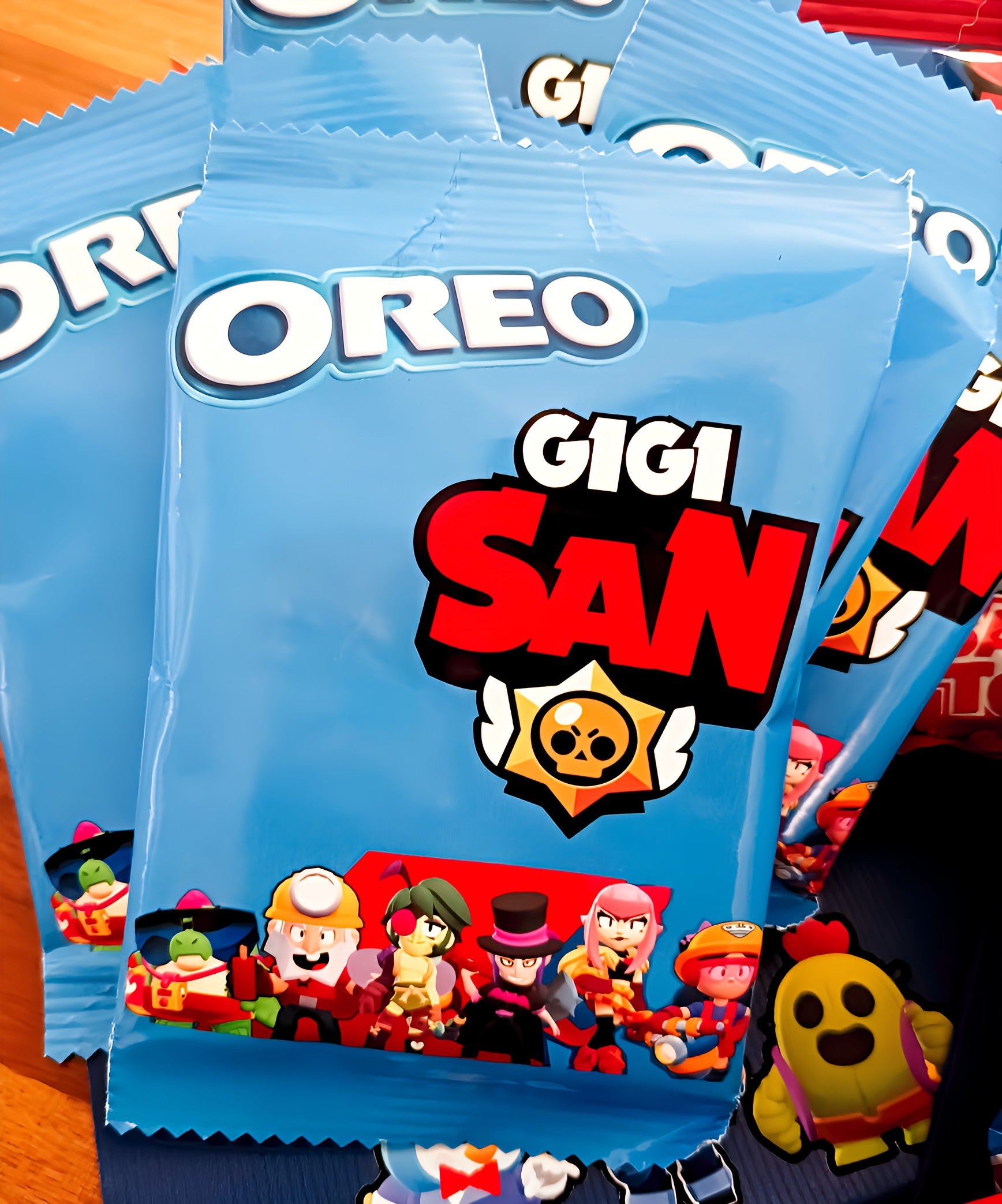 Oreo Gigi San blue snack package featuring cartoon game characters on wrapper