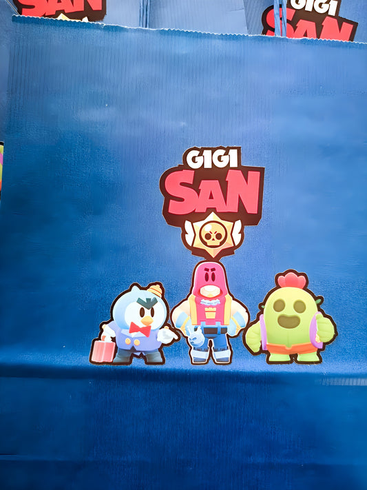 Blue gift bag with Gigi San logo and three cartoon characters