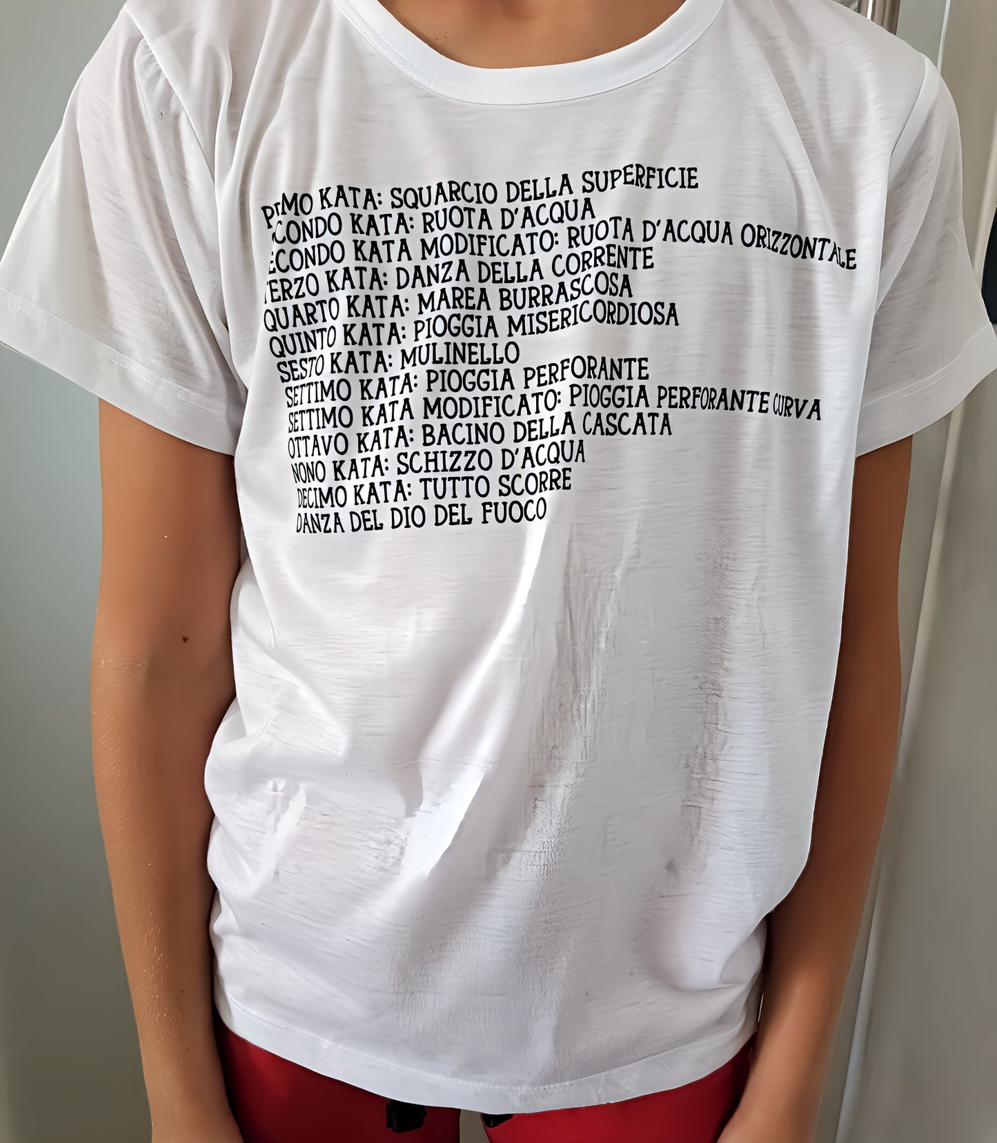 Person wearing white t-shirt with black Italian text listing kata names, indoor setting.