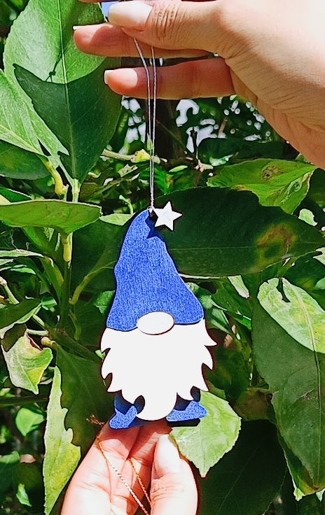 Hand holding a blue gnome ornament with a star hat among green leaves outdoors