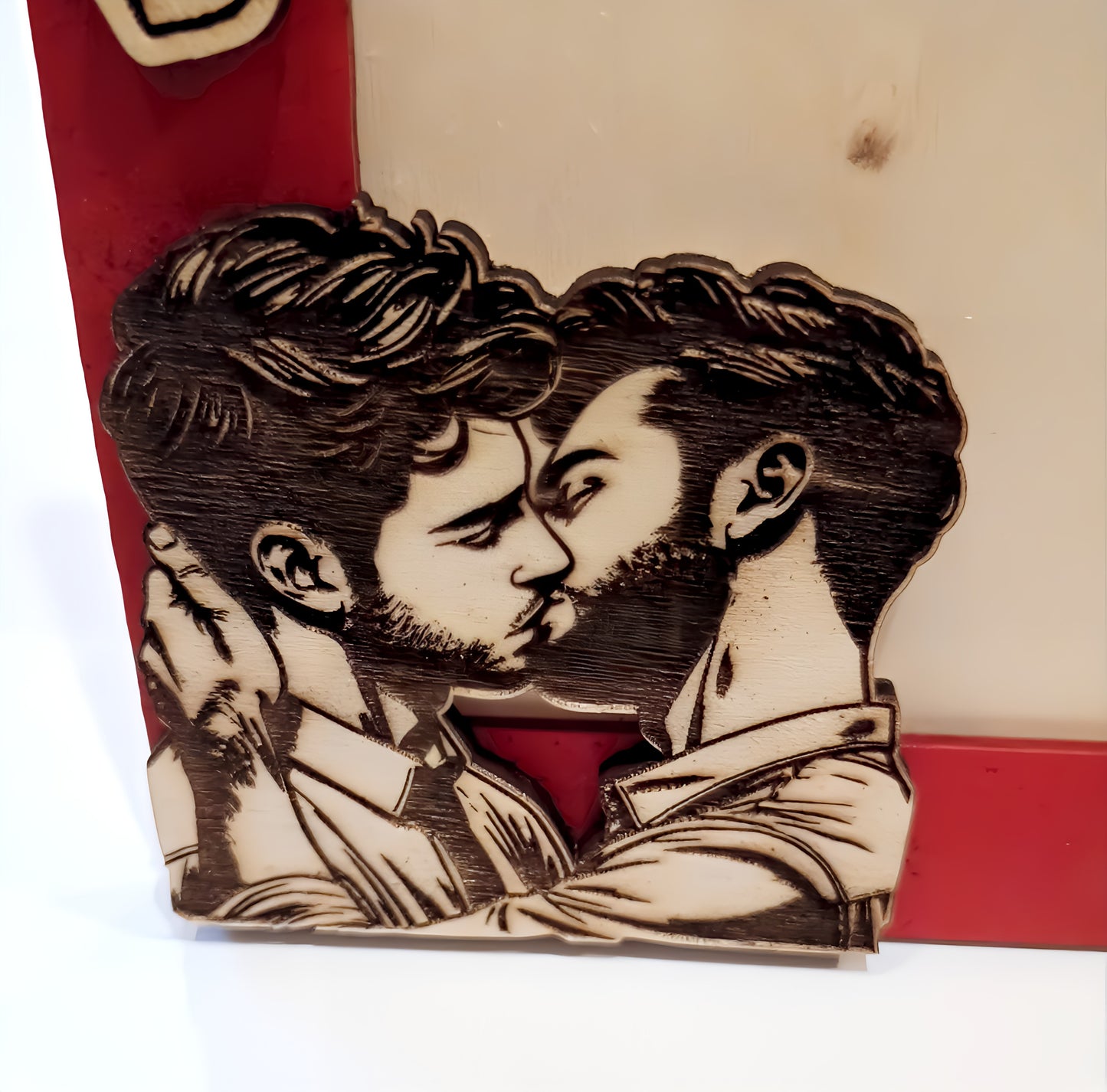 Engraved wood art of two men kissing, LGBT couple illustration on light background