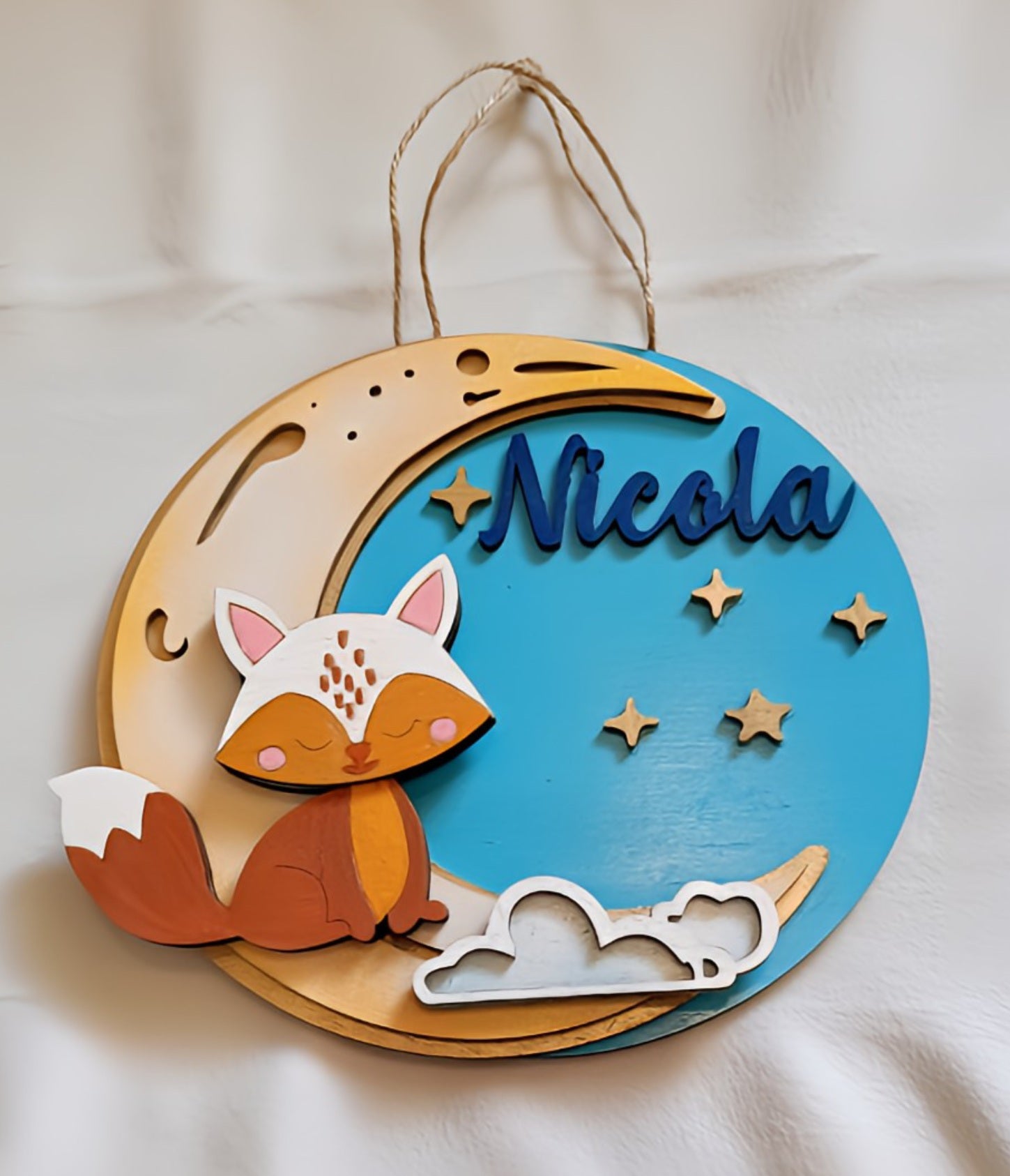 Wooden nursery wall decor with fox, crescent moon, stars, and personalized name Nicola