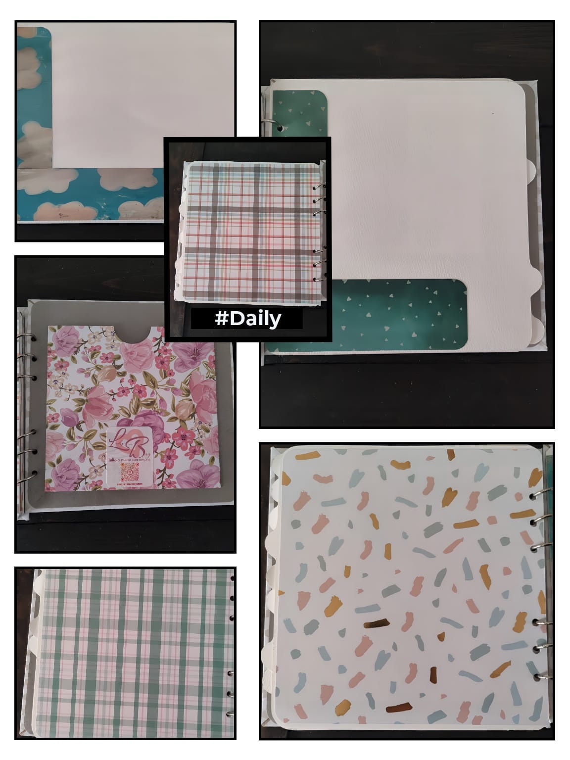 Assorted decorative planner dividers with floral, plaid, cloud, and confetti patterns