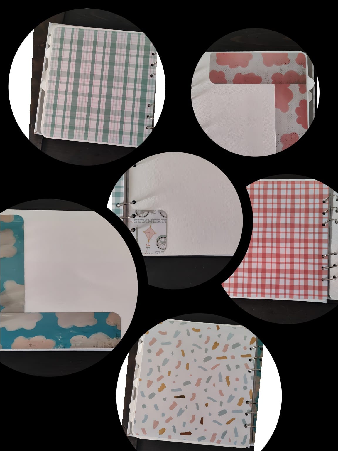 Variety of decorative binder dividers with plaid, cloud, and sprinkle patterns