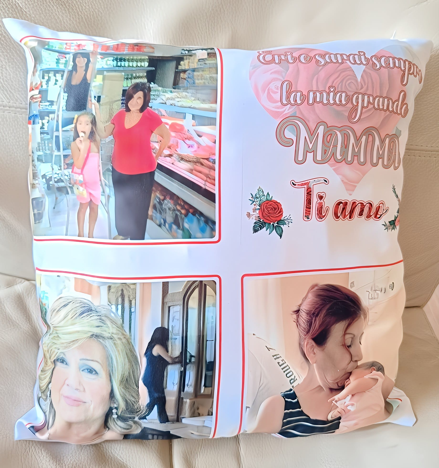 Personalized photo pillow with family pictures and Italian text for Mother's Day gift