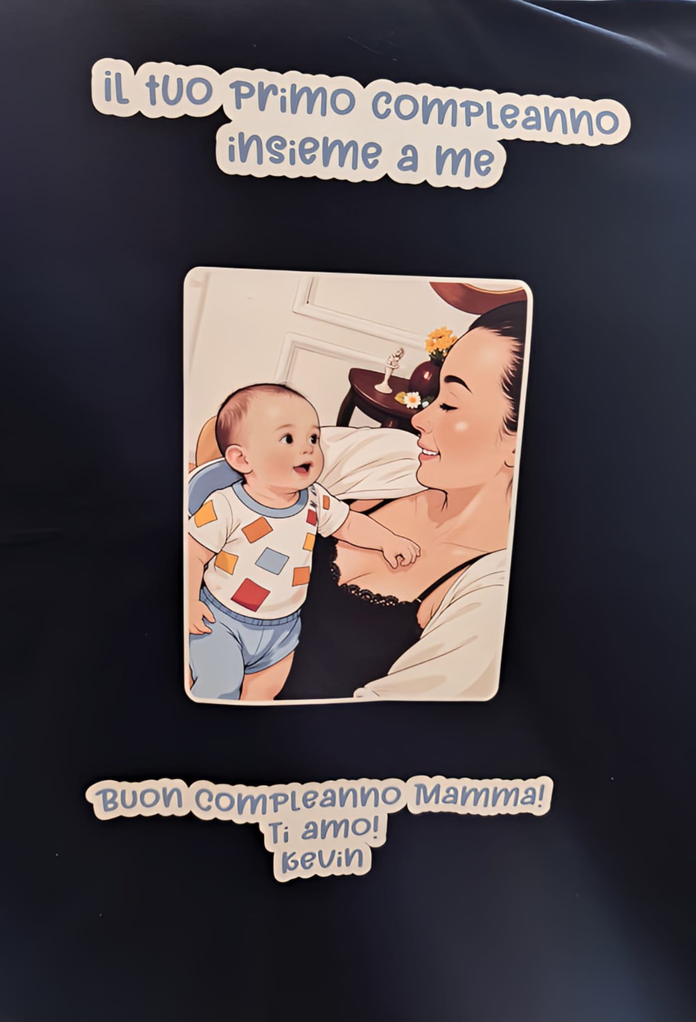 Birthday card with mother and baby illustration, Italian text, dark background
