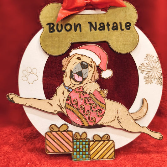 Christmas dog ornament with Santa hat, Buon Natale text, gifts, red background